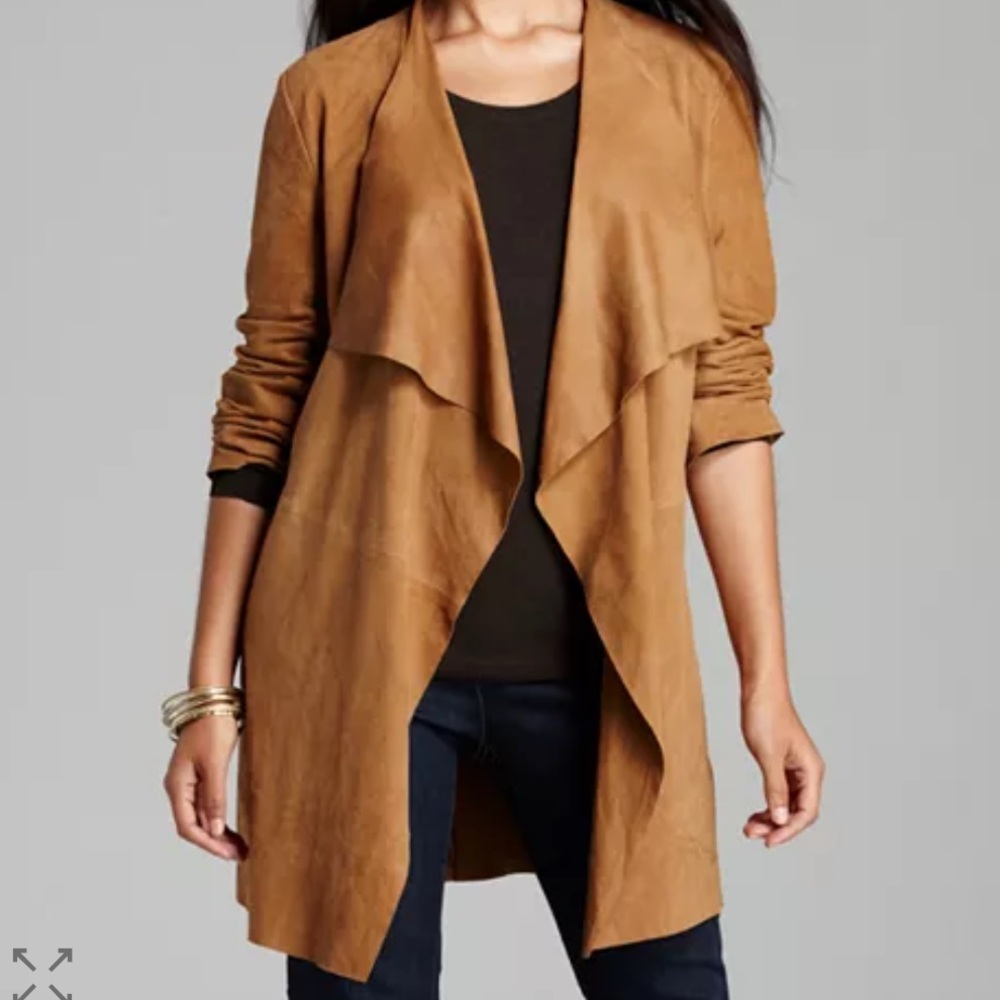 Eileen Fisher 100% goat suede leather silk trench Coat pockets waterfall